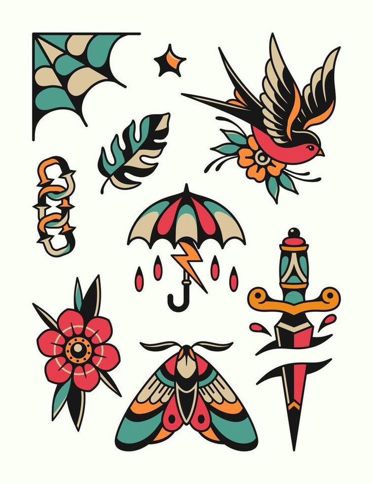 an assortment of tattoo designs including umbrellas, flowers and other items on a white background