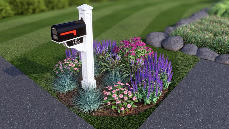 an artist's rendering of a mailbox in a flower bed with purple and pink flowers