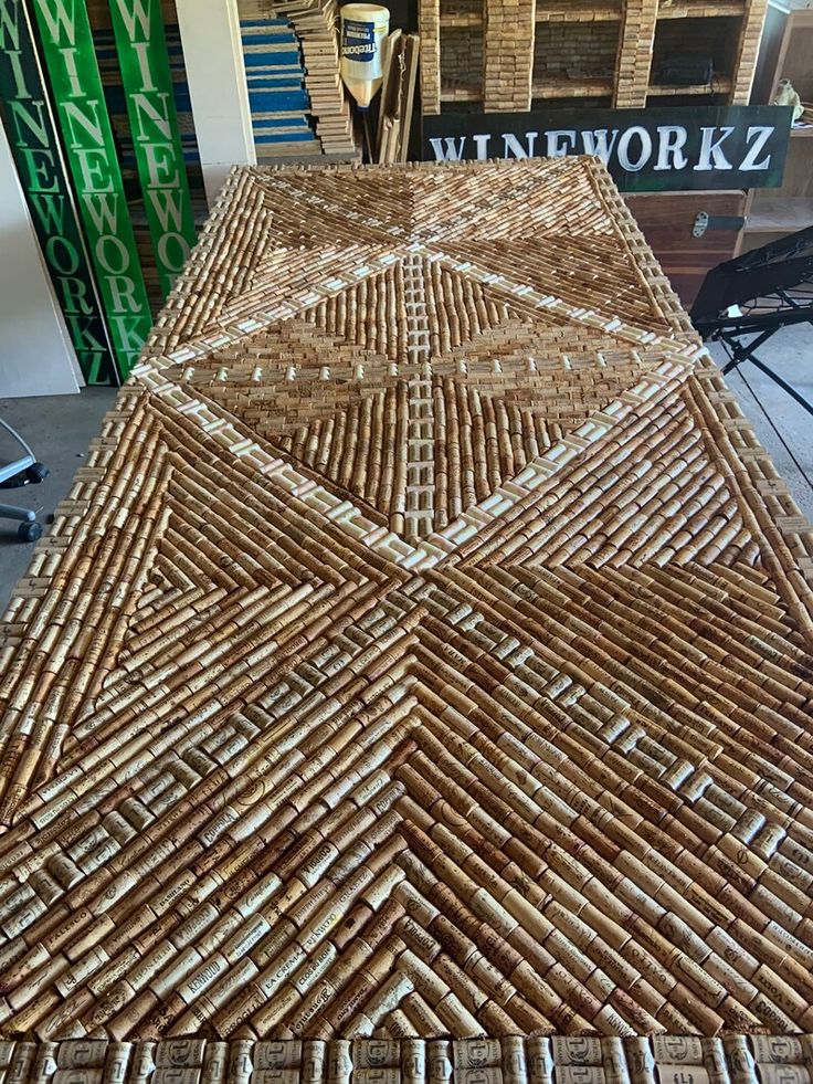 a table made out of wine corks