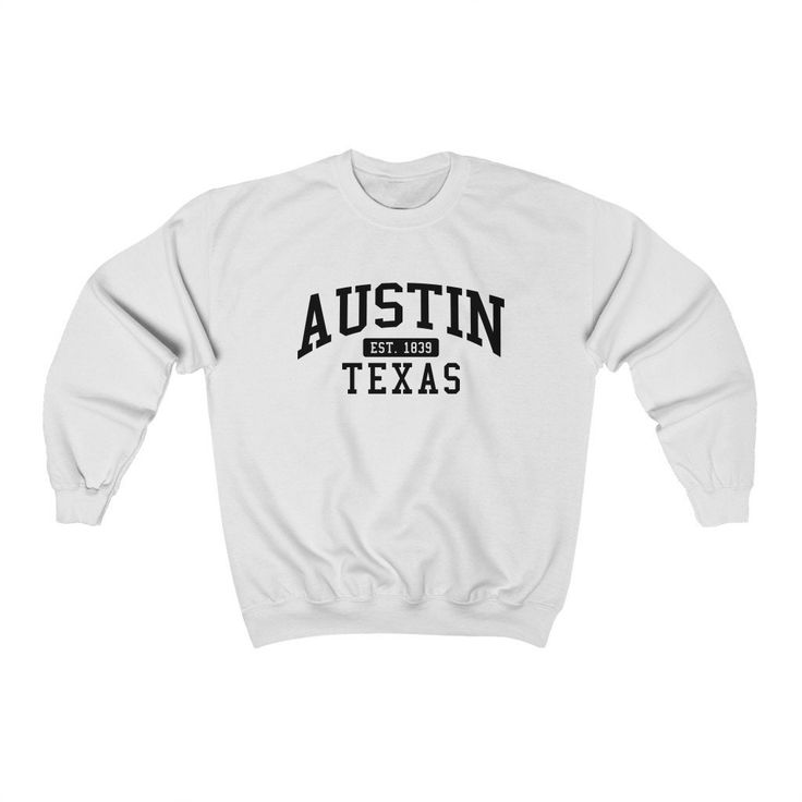 ⚑ Austin Texas unisex sweatshirt. ✯ The perfect crewneck sweatshirt for your favorite destination. A great casual pullover crewneck to represent your favorite city or hometown. ✯ Makes a great gift! ⌁ Unisex Size ⌁ Printed on the Gildan 18000 Sweatshirt ⌁ Loose fit ⌁ 50% Cotton; 50% Polyester (fibre content may vary for different colors) ⌁ Medium fabric (8.0 oz/yd² (271.25 g/m ⌁ Sewn in label ⌁ Runs true to size 𝑴 𝑬 𝑨 𝑺 𝑼 𝑹 𝑬 𝑴 𝑬 𝑵 𝑻 𝑺 (𝚒𝚗𝚌𝚑𝚎𝚜 𝚆𝚡𝙻) 𝚂 | 𝟸𝟶𝚡𝟸𝟽 𝙼 | 𝟸𝟸? Montauk New York, New York Sweatshirt, Collegiate Style, Jersey Sweatshirt, Park City, Casual Pullover, Monterey, Durham, Heavy Fabric