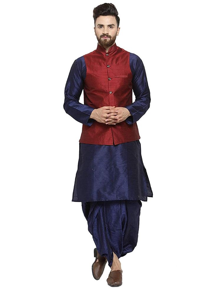 Indian Designer Royal Kurta Men's Silk Blend Kurta Dhoti & Nehru Jacket Set for men set of 3 Care Instructions: Homewash Care Instructions: First Wash Dryclean recommended. Hand Wash with a mild detergent thereafter. Style: Kurta dhoti & Nehrujacket SET, Fabric: Silk Blend (80% Silk 20% Cotton) Collar: Mandarin, Fit type: Regular/Comfort, Length: Knee length Kurta Ocassion Type-Fusion,Casual ,Festive Set of Kurta dhoti & Nehru Silk Jacket A true epitome of class, this kurta dhoti and Pakistani Wear, Diwali Dresses, Rajasthani Dress, Mens Wear Wedding, Indian Shoes, Kurta Men, Nehru Jacket, Bollywood Style, Kurta Pajama