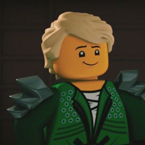 a lego man with blonde hair and green jacket