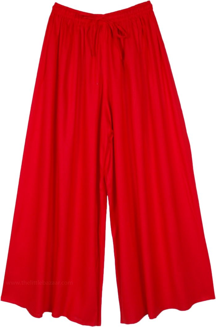 A simple vivid bright red wide-leg rayon pants with soft, comfortable rayon fabric.  These smooth pants feature an elastic waist and drawstring that help create a perfect fit. #tlb #SplitSkirtsPants #Solid #RedPants Red Wide Leg Summer Loungewear Pants, Red Wide Leg Pants For Summer Loungewear, Red Wide Leg Pants With Elastic Waistband, Red Rayon Bottoms For Summer, Red Rayon Summer Bottoms, Casual Red Rayon Bottoms, Red Full-length Wide Leg Pants For Summer, Red Full Length Wide Leg Summer Pants, Red Full Length Wide Leg Pants For Summer