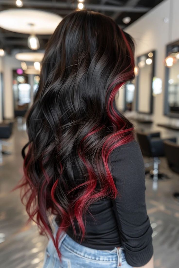 Brunette Hair With Red Money Piece, Black Hair With Red Pieces, Red Hair Underneath Black, Red Hair Ombre Brown, From Black To Red Hair, Black Hair Maroon Highlights, Red Colour Highlights For Black Hair, Black W Red Highlights, Black Hair With Red Underneath