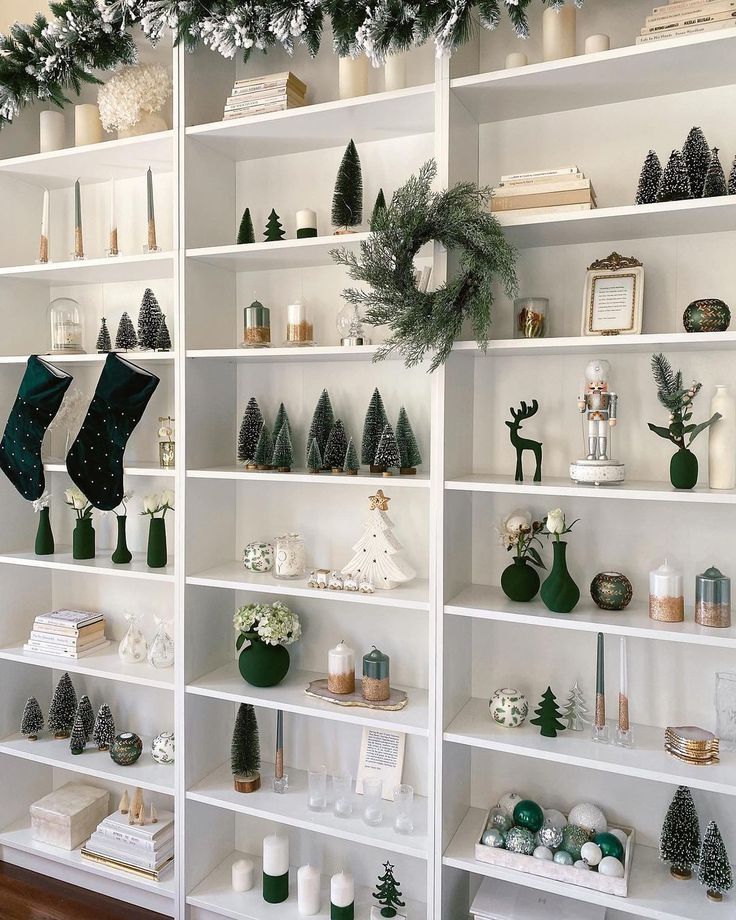 shelves filled with christmas decorations and other items