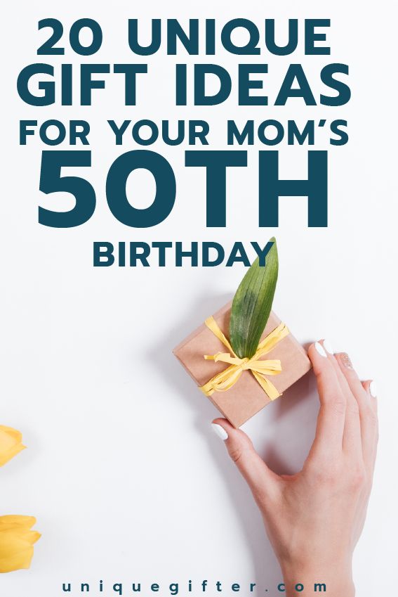 a woman's hand holding a present box with the words, 20 unique gift ideas for your mom's 50th birthday