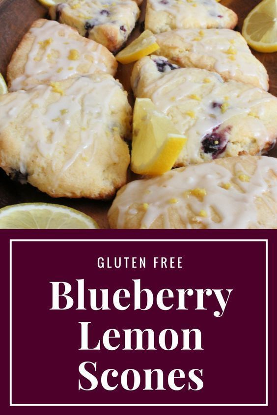 blueberry lemon scones with glaze on top and the words gluten free