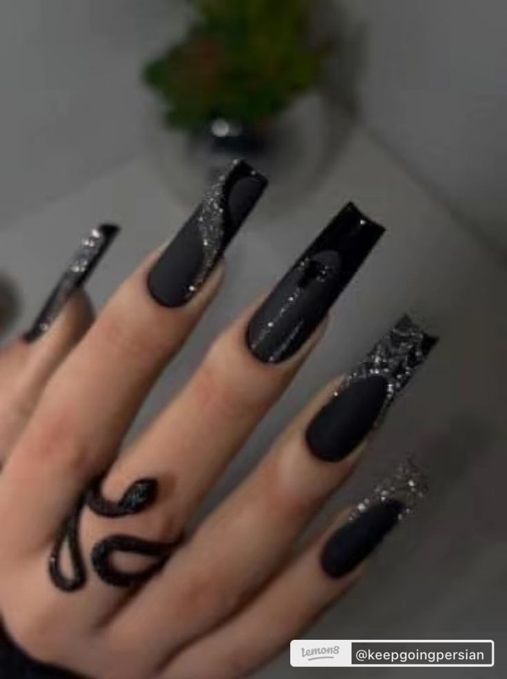 Geometric Nail Art Long Nails, Glitter On Matte Nails, All Black Glitter Nails, Full Black Nails Acrylic, Long Black Halloween Nails, Long Black Arclyc Nails, Matte Black Glitter Nails, Long Black Nails Ideas, Black Glitter Nails Halloween