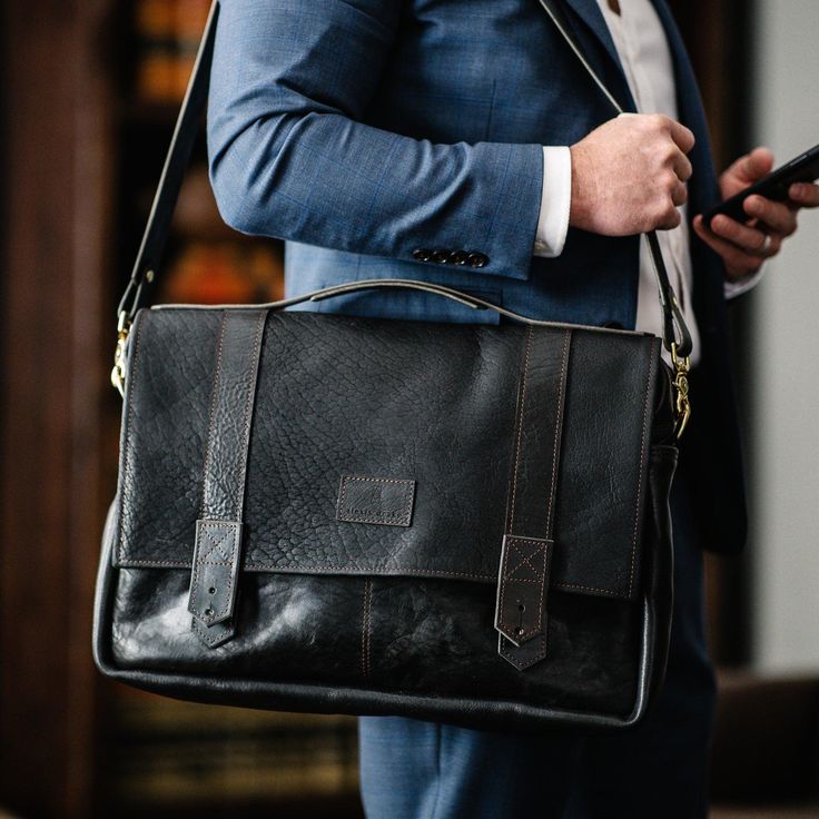 Men's Collection | Tyler Brief Messenger Bag | Black - Alexis Drake Briefcase For Men, The Messenger, Cow Hide, Leather Briefcase, Laptop Pocket, Men's Collection, Crossbody Strap, Cowhide Leather, Leather Handmade