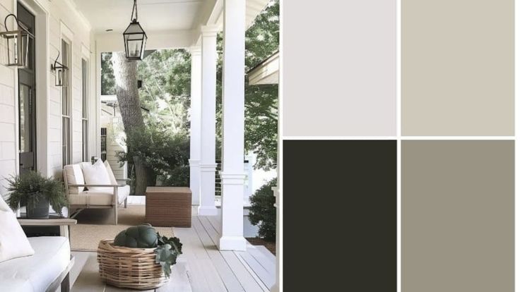 the front porch is decorated in neutrals and browns