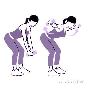 a woman doing squats with one arm extended and the other facing forward, while holding a dumbble bar