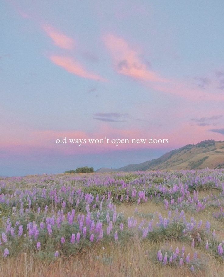 a field full of purple flowers under a pink sky with the words old ways won't open new doors