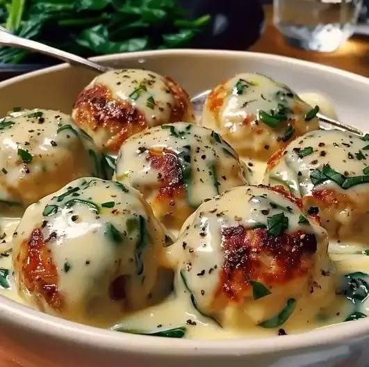 a white bowl filled with meatballs covered in cheese