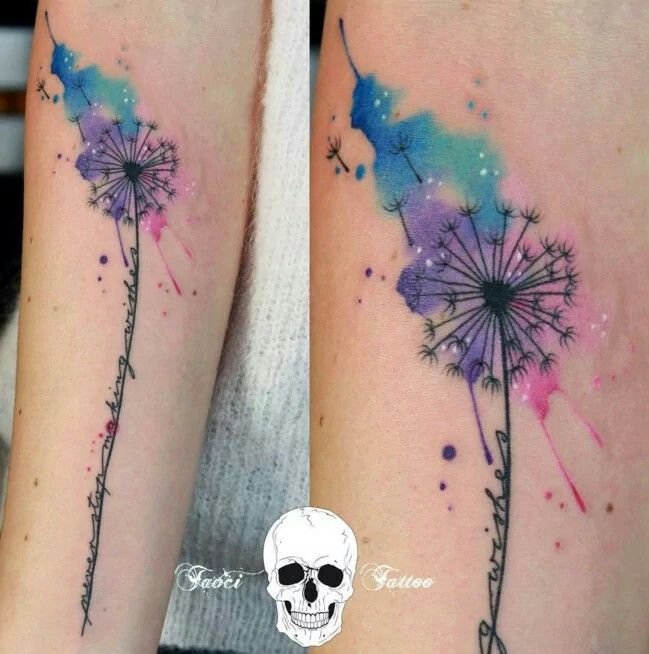 two watercolor tattoos on the arms of people, one with a skull and dandelion