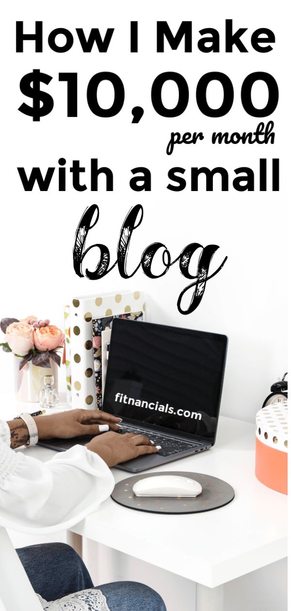 a woman sitting at a white desk with a laptop on her lap and the words how i make $ 10, 000 per month with a small blog