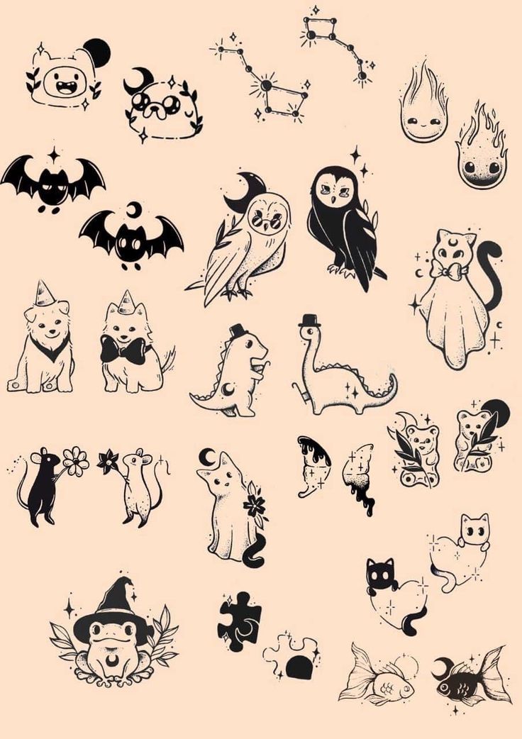 an assortment of halloween stickers on a pink background with black and white graphics, including bats