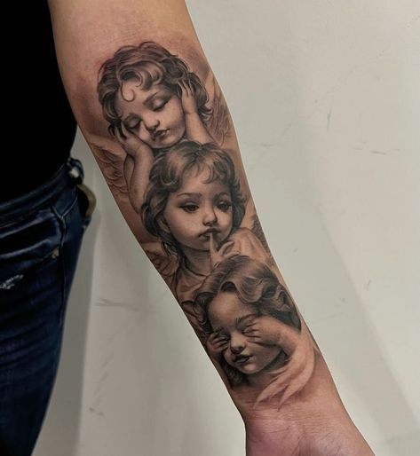 Angles Tattoos For Women, Amen Tattoo Words, Girly Tattoo Sleeves, Feminine Angel Tattoos, Cherub Tattoo Sleeve, Heavenly Tattoo For Women, By Any Means Necessary Tattoo, Three Angels Tattoo, Virgin Mary Tattoo For Women