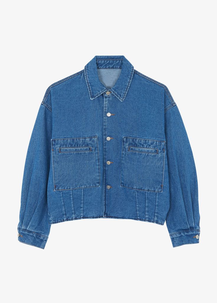 Color: Blue Midweight denim fabric Relaxed silhouette Pointed collar Drop shoulders Double front welt pockets Front button closure Unlined 100% Cotton Hand Wash Cold or Dry Clean Imported One Size Denim Fabric, Drop Shoulder, Welt Pocket, Denim Jacket, Collar, Blue, Fabric