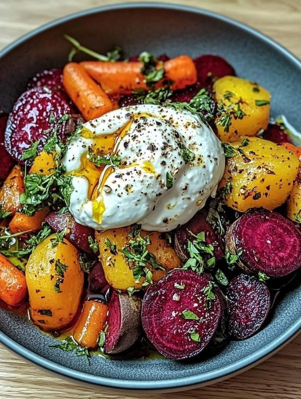 a bowl filled with carrots, beets and other vegetables on top of a wooden table