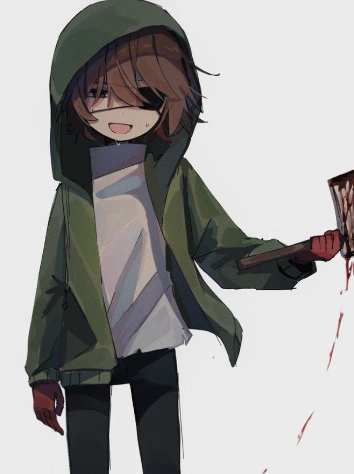 an anime character holding a knife and wearing a green hoodie with blood pouring out of it