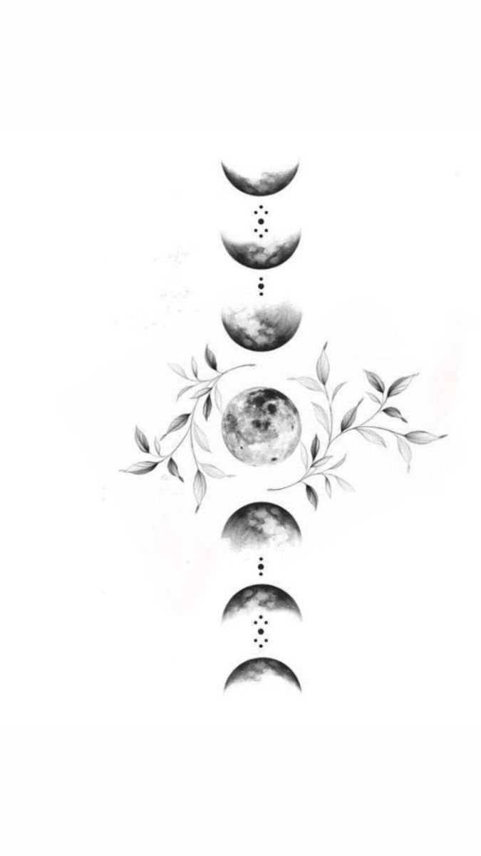 the phases of the moon in black and white, with leaves on each one side