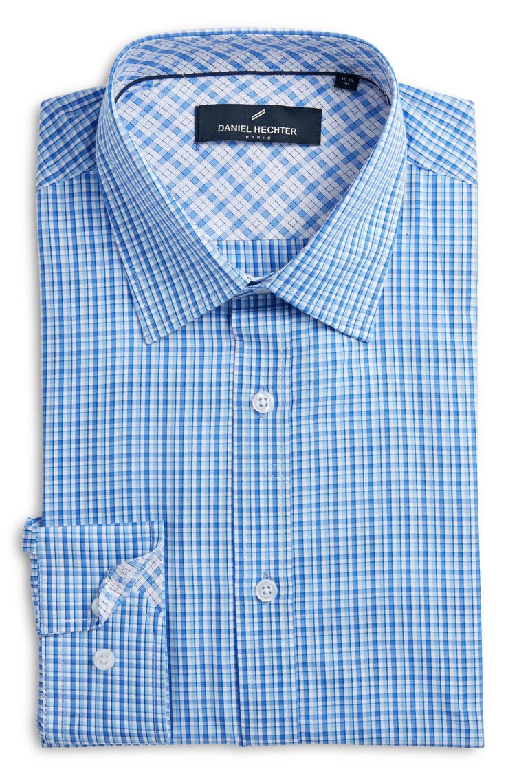 A crisp plaid in a mix of blues distinguishes a dress shirt tailored from cotton herringbone twill that helps smarten any formal look. Point collar Rounded, adjustable button cuffs 100% cotton Machine wash, dry flat Imported Classic Plaid Dress Shirt For Work, Spring Business Plaid Dress Shirt, Formal Plaid Collared Shirt, Fitted Plaid Dress Shirt For Work, Formal Fitted Plaid Dress Shirt, Plaid Button-up Dress Shirt For Work, Formal Plaid Shirt With Button Closure, Business Casual Plaid Button-up Dress Shirt, Formal Plaid Button-up Shirt