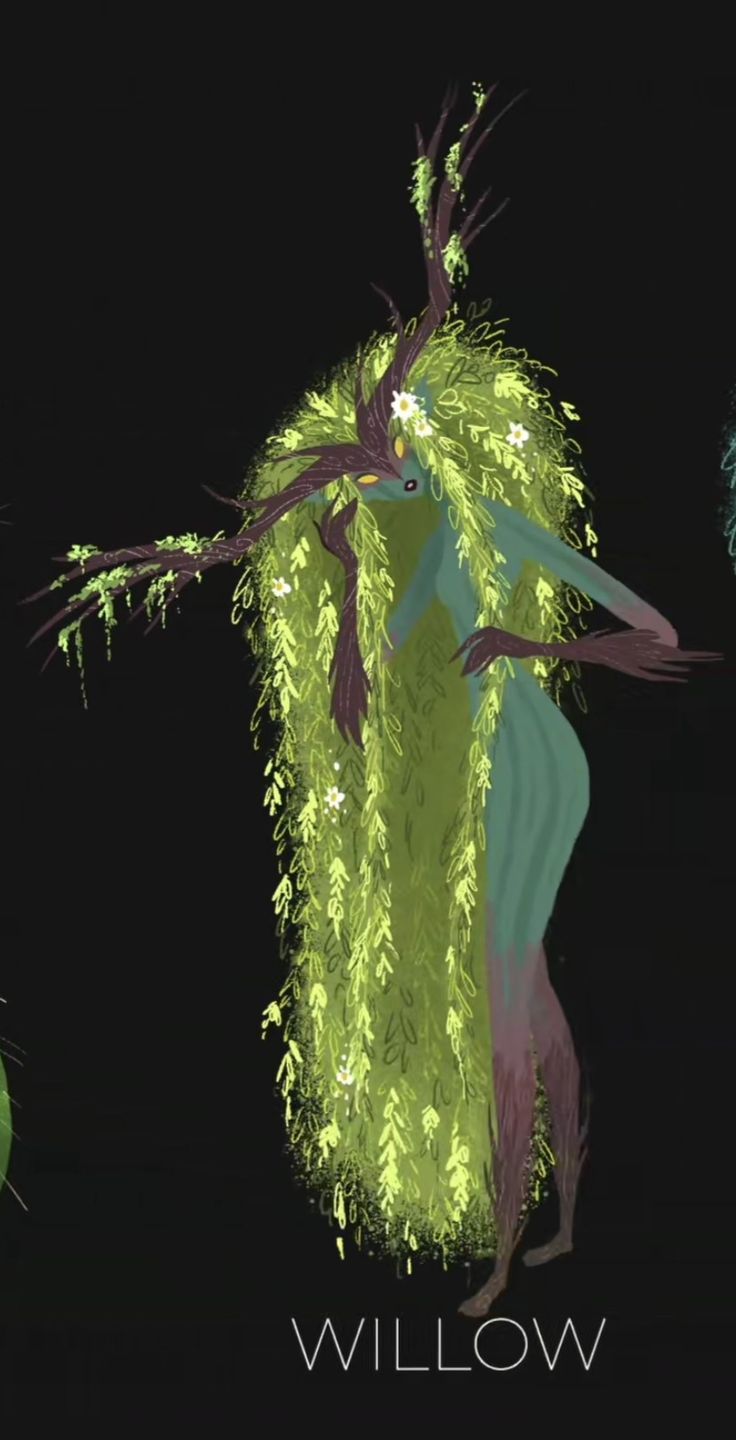 an animated image of a woman with long hair and green leaves on her head, standing in front of a black background