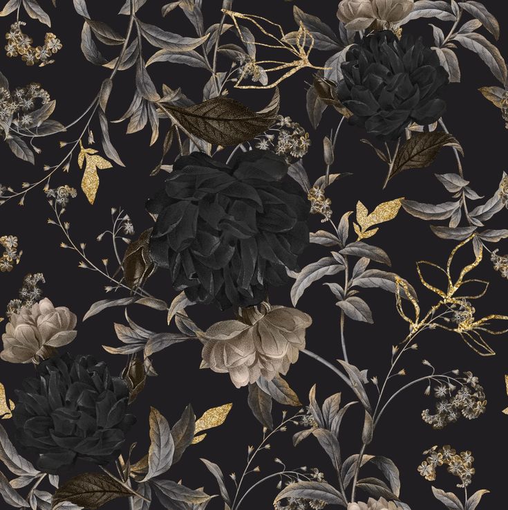 a black and gold floral wallpaper with leaves, flowers, and buds on a dark background