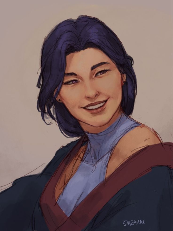 a drawing of a woman with blue hair and an open shirt smiling at the camera