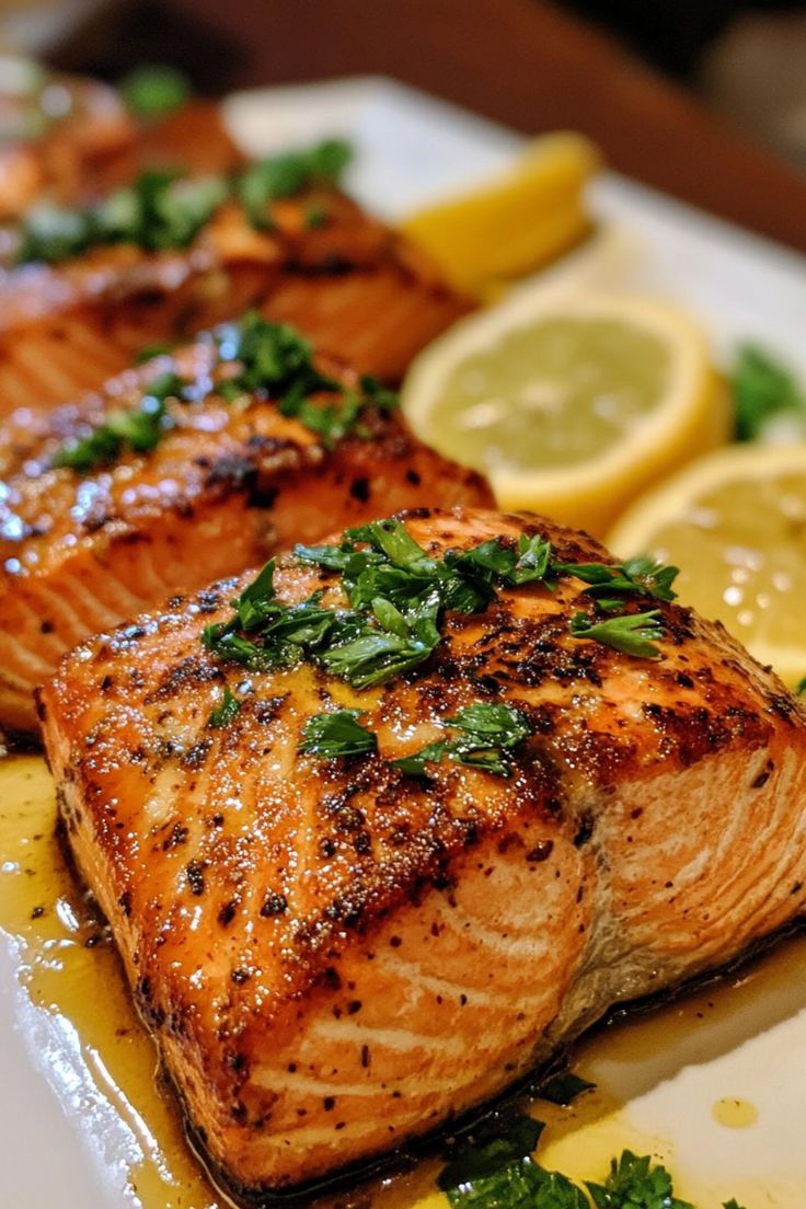 two pieces of salmon on a plate with lemons and parsley