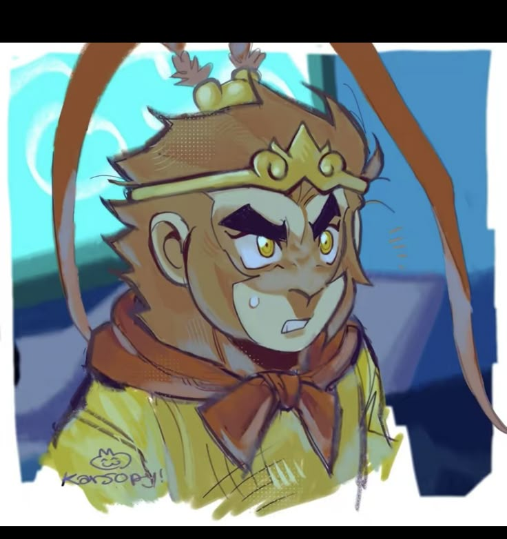 a drawing of a monkey with a crown on his head and wearing a yellow shirt