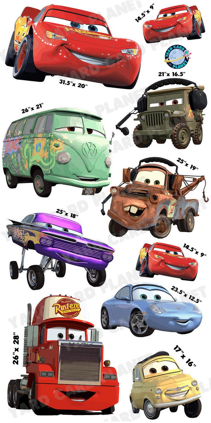 the cars are all different colors and sizes in this drawing style, with each character's name on it