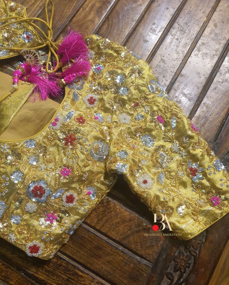 Trending blouses bridal saree Indian bride Telangana Hyderabad designer studio Maggam Work On Gold Color Blouse, Gold Tissue Blouse Designs, Tissue Blouse Work Designs, Tissue Blouse Designs, Gold Blouses, Golden Blouse, Fashionable Saree, Half Saree Lehenga, Maggam Work Designs