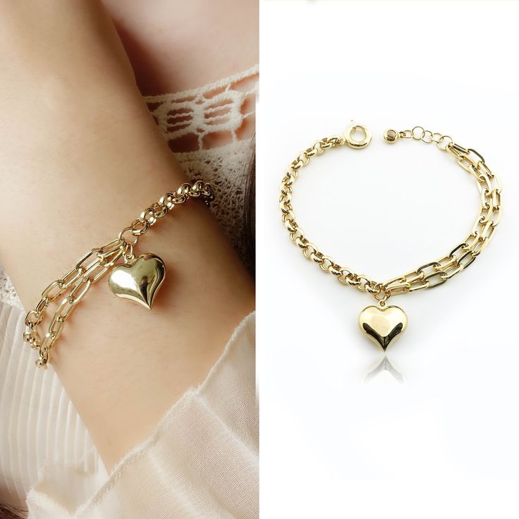 "Paperclip Chain, Rolo Chain Bracelet w/ Puffy Heart Charm | 14k Gold Double Staple Link Thick Bracelet w/ Puffed Heart Pendant & Sailor Lock ◖ A B O U T ◗ Two different types of chain combines as a gorgeous bracelet which will allow you to get variaty of multiple jewelry in one. It adds elegance to your appearance in your daily life and business life. You can also make the product even more eye-catching by adding charms or similar small additions to the sailor lock or paperclip links. 0,5\" ext Elegant Gold Plated Chain Bracelet With Heart Charm, Gold Chain Bracelet With Heart Charm For Valentine's, Heart-shaped Gold Plated Chain Bracelet Gift, Gold Plated Heart-shaped Chain Bracelet With Adjustable Chain, Heart-shaped Yellow Gold Chain Bracelet With Charms, Daily Wear Jewellery, Puffy Heart Charms, Business Life, Puffed Heart