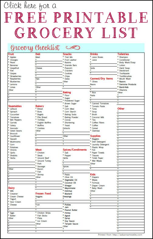 a printable grocery list with the words, free for a printable grocery list