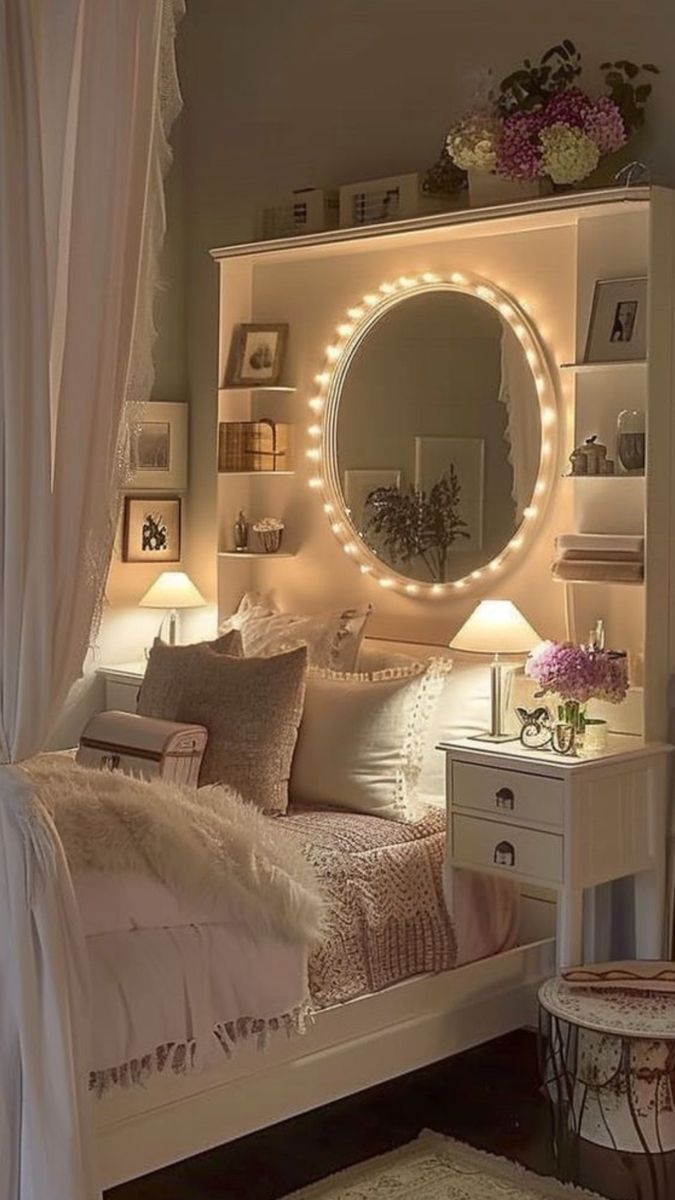 a white bed sitting under a round mirror next to a table with a lamp on it