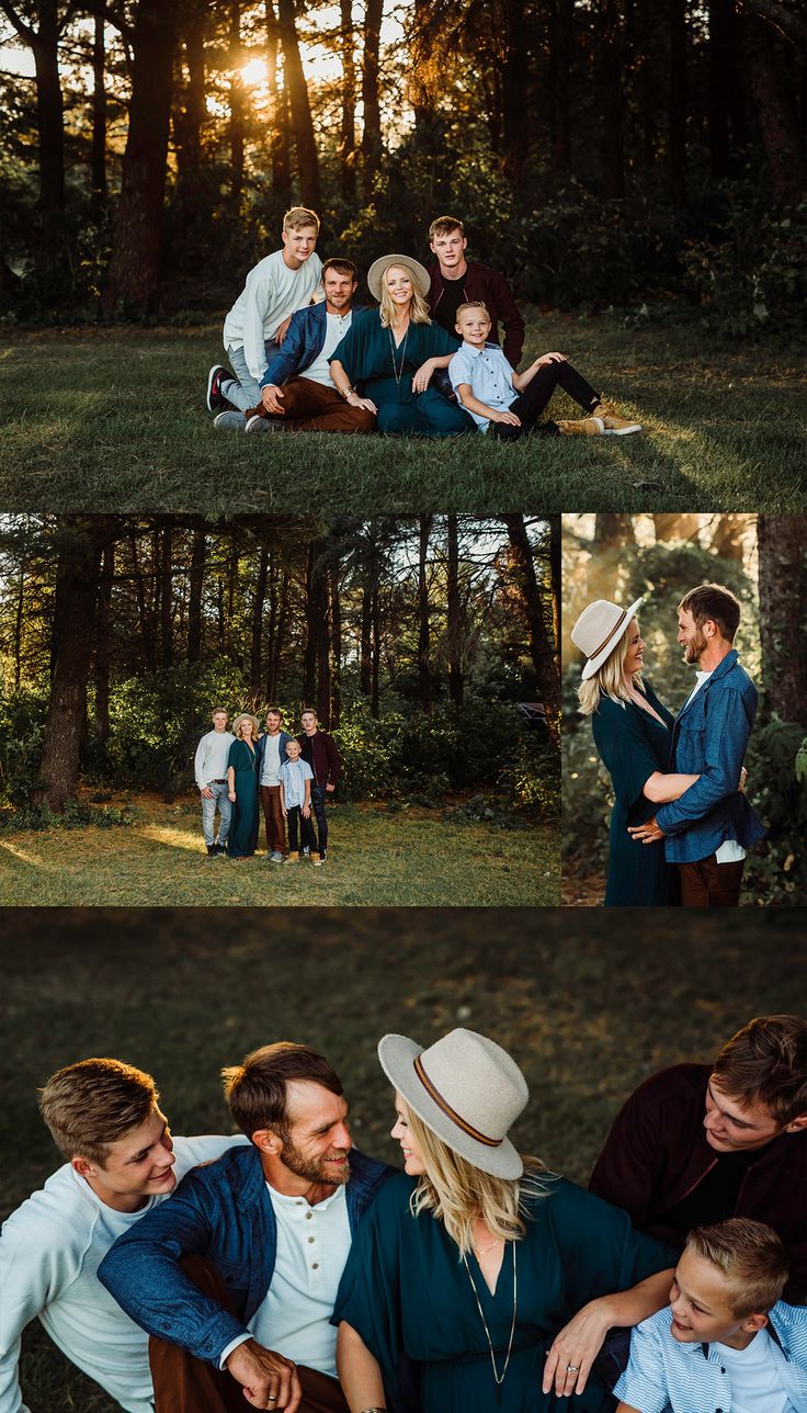 a family sitting together in the woods at sunset with their arms around each other and smiling