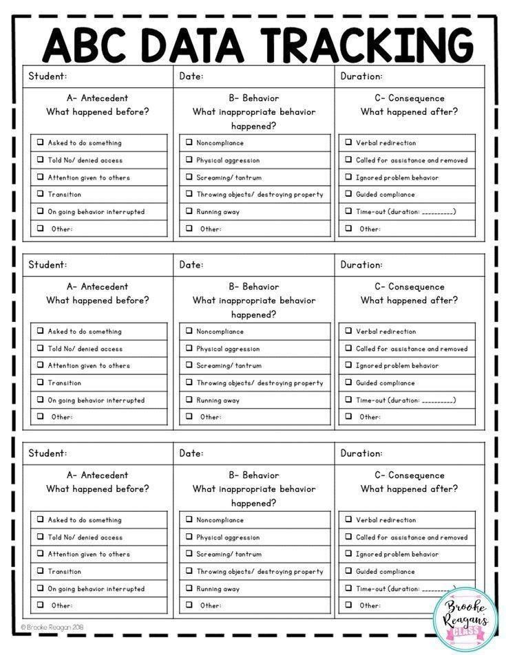 the abc data tracking worksheet is shown in black and white, with an image of