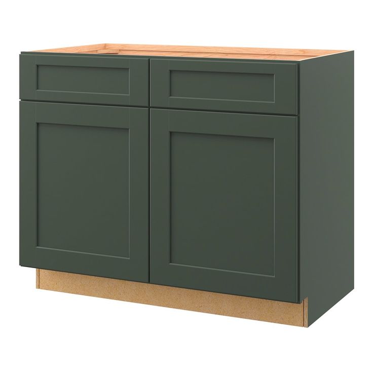 a green cabinet with two doors and one drawer on the bottom, in front of a white background