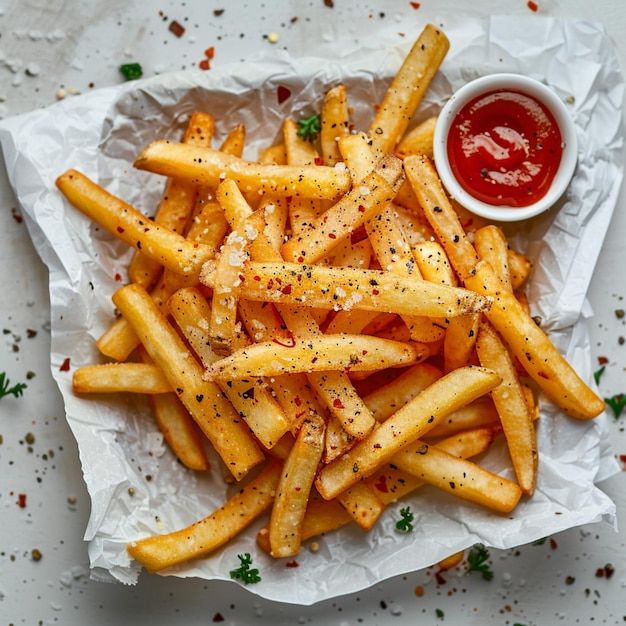 french fries with ketchup and mustard on a white paper wrapper next to a small bowl of ketchup