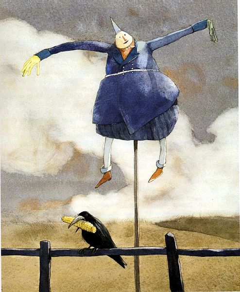 a drawing of a person on top of a pole with a bird sitting next to it