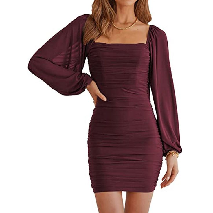 Size: XXL, Color: Wine Red Mini Robes, Women Long Sleeve Dress, Ruched Bodycon Dress, Mesh Long Sleeve, Long Sleeve Bodycon, Lantern Sleeve, Long Sleeve Mini, Mini Dress With Sleeves, Lantern Sleeves