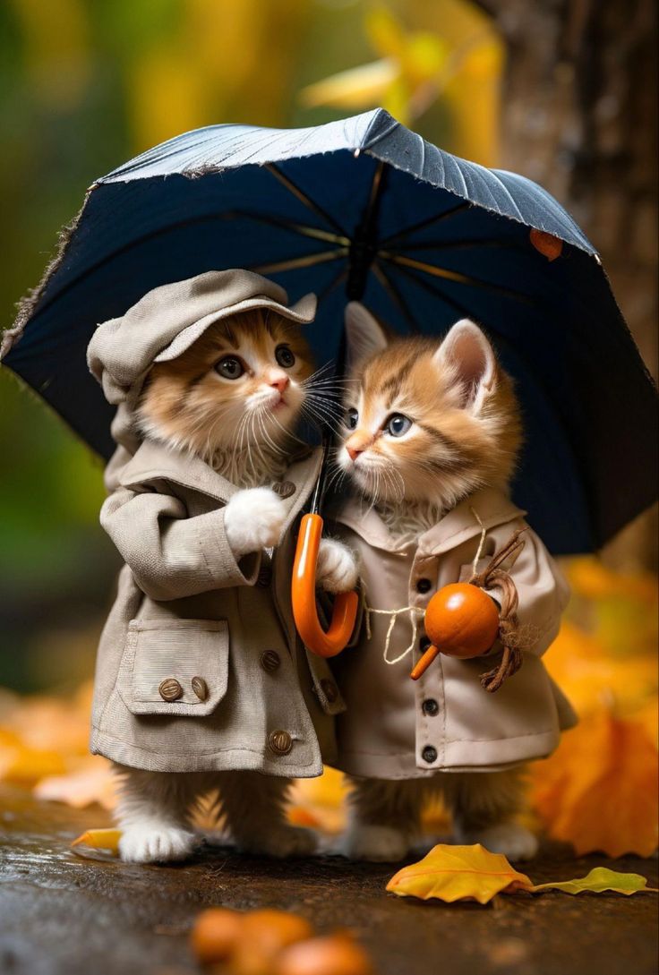 two kittens dressed up in coats and holding umbrellas, one is looking at the camera