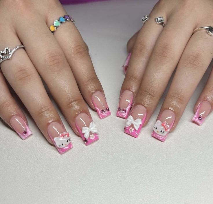 Hello Kitty Christmas Nails Short, Hello Kitty Nails For Kids, Hello Kitty Short Nails, Short Hello Kitty Nails, Hello Kitty Nails Short, Zoe Core, Hello Kitty Nails Art, J Nails, Quinceanera Nails