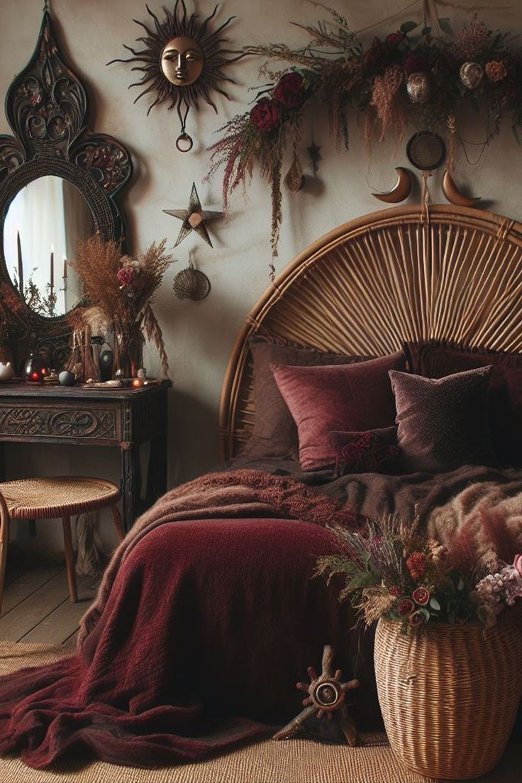 a wicker bed with pillows and blankets on it in a room filled with decorations