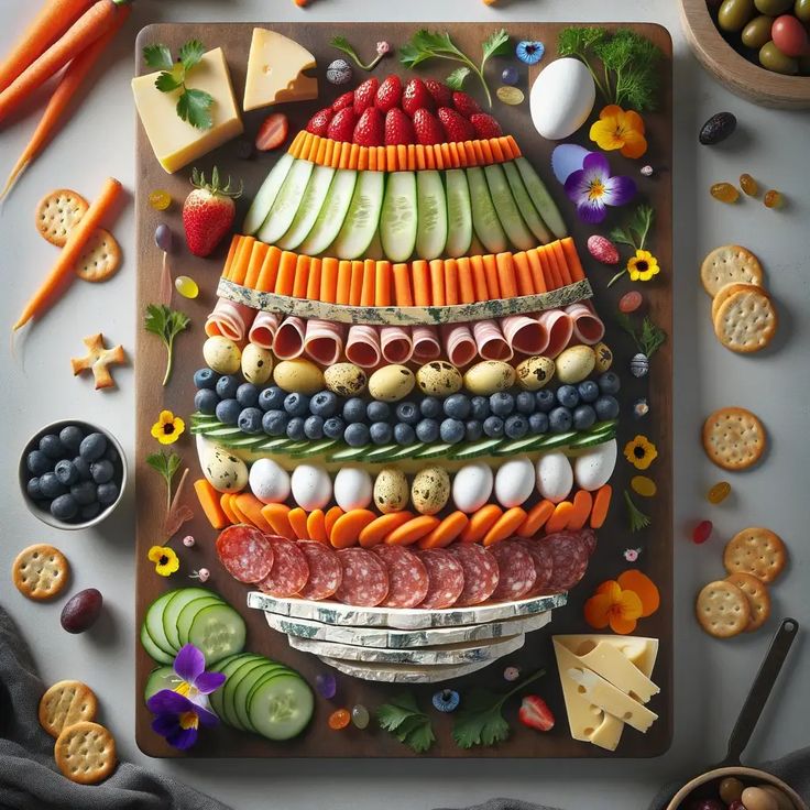 a cutting board with food arranged in the shape of a pyramid