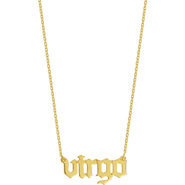 Olas d'Oro 18 Necklace - 14K Yellow Gold Gothic Virgo Nameplate Necklace Luxury Zodiac Sign Necklace, Spiritual Gold-plated Zodiac Sign Jewelry, Gold Plated Zodiac Sign Spiritual Jewelry, Spiritual Zodiac Sign Jewelry In Yellow Gold, Spiritual Yellow Gold Zodiac Jewelry, Celestial Engraved Necklaces For Anniversary, Gold Zodiac Sign Fine Jewelry, Sterling Silver Yellow Gold Zodiac Necklace, Celestial Gold Plated Necklace For Anniversary