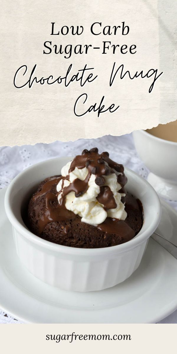 low carb sugar - free chocolate mug cake with whipped cream and chocolate chips on top