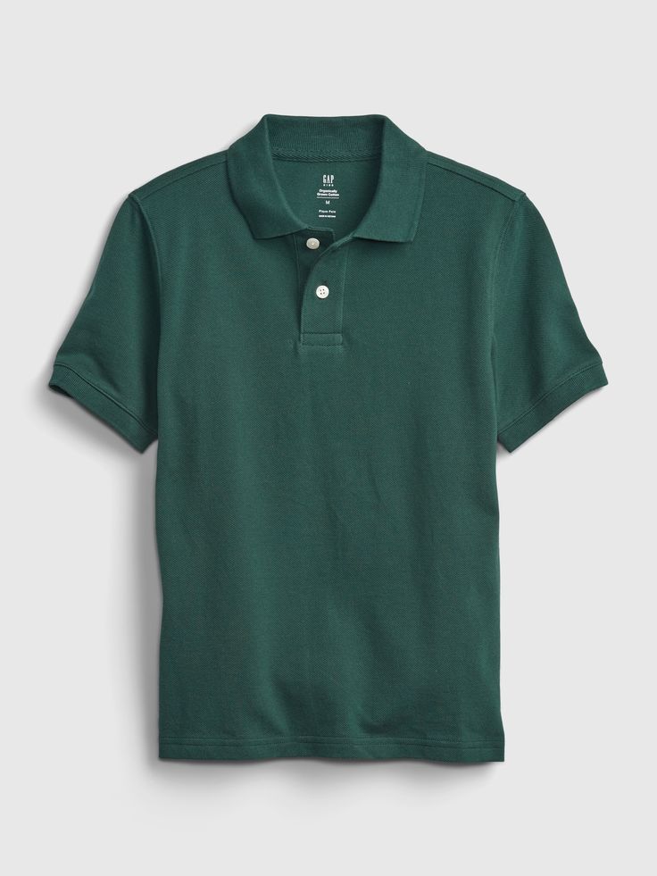 Made with 100% organically grown cotton.  Organic cotton is better for people and the environment because it's grown without the use of harmful synthetic pesticides and fertilizers.  Soft woven knit.  Spread collar, buttons at front.  Short sleeves. Green Collared Polo Shirt With Button Closure, Classic Solid Color Gap Tops, Classic Solid Polo Shirt For School, Classic Polo Shirt For School, Classic Polo Shirt With Polo Collar For School, Classic School Polo Shirt, Preppy Cotton Polo Shirt For School, Fitted Short Sleeve Polo Shirt For School, Classic Cotton Polo Shirt For School