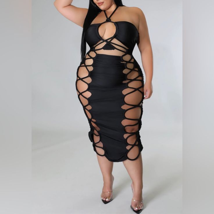 Exotic Nights Plus Size Dress Color: Black Strapless Dress Sleeveless Cutout Lace Up Detail Self Tie Closure Zipper Closure 95% Polyester 5% Spandex Maxi Dress With Jacket, Rope Dress, Sack Dress, White Floral Maxi Dress, Rose Bridesmaid Dresses, Black Dresses Classy, Rose Maxi Dress, Black Strapless Dress, Polly Dress